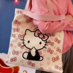 Hello Kitty Princess Themed Tote Bag - Spacious And Durable Canvas Handbag Featuring a Pink Bow And Heart Design
