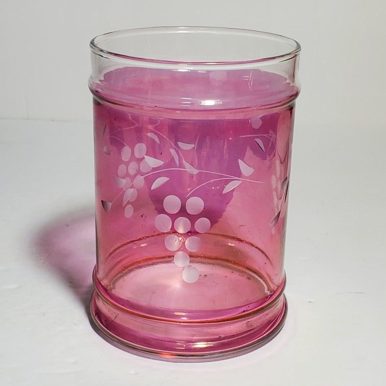 Cranberry Glass Etched Grapes Vase Jar