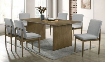 Brand New Natural Tone & Grey Mid-Century Design 7pc Dining Table Set