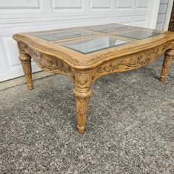 Carved Wood and Glass Inserts Coffee Table