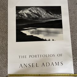 This is a classic Ansel Adams poster titled “Mount McKinley and Wonder Lake”. Iconic black and white landscape showing the snow-covered mountain perfe