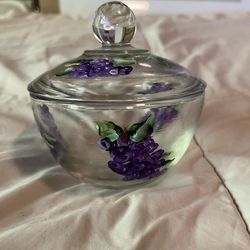 Hand Painted Glass Grapes Candy Trinket Jar Dish w Lid.