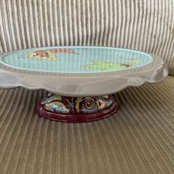 TRACY PORTER PAPILLON COLLECTION CAKE STAND HAND PAINTED PORCELAIN GREEN BLUE
