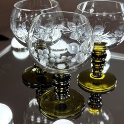Set of 3 Roemer Rhine Etched Floral Grape Olive Green Ball Wine Glasses Germany