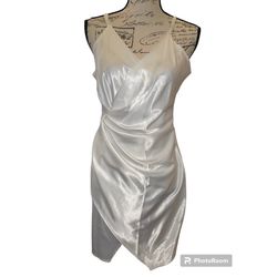 Women’s white v neck sleeveless party dress, ruched design, adjustable straps, silky Above The Knee Dress