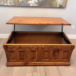 Antique Solid Wood Lift Top Trunk Chest Coffee Table On Wheels