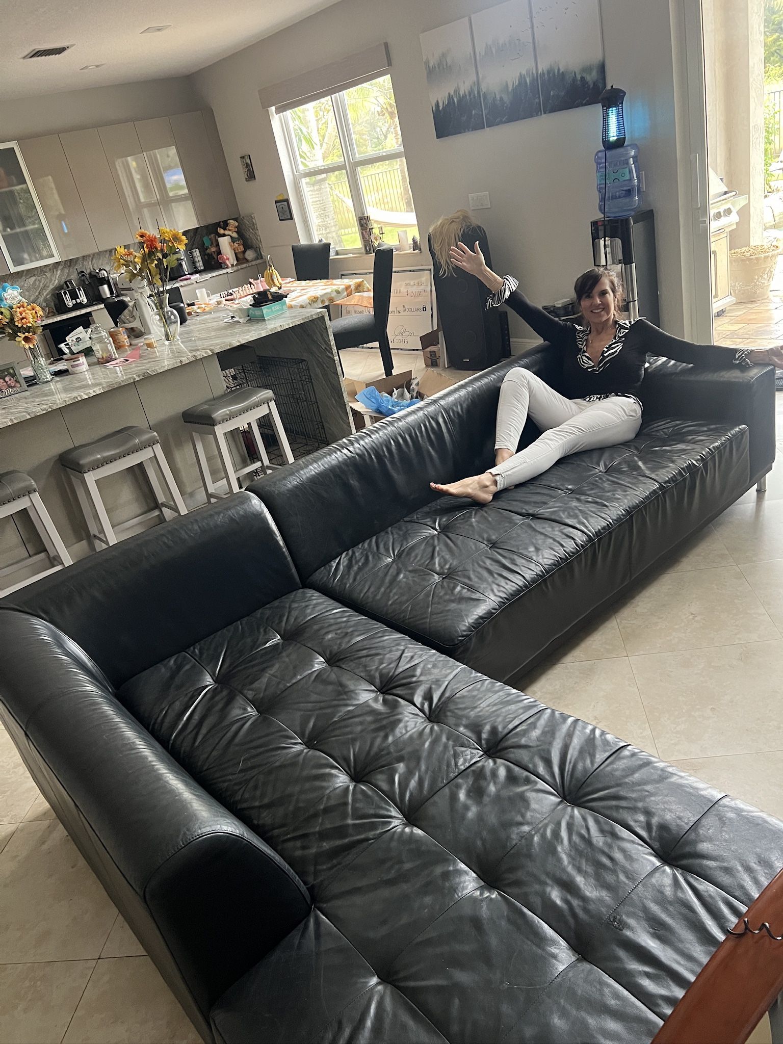 Genuine Black Leather Modern Couch