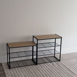 2 Modern Black Metal Wood Top Shoe Racks / Storage Shelves