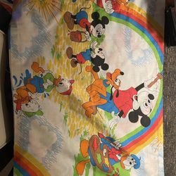 Vintage 1970's Disney Mickey Painting Rainbows Top Flat Twin Bed Sheet
