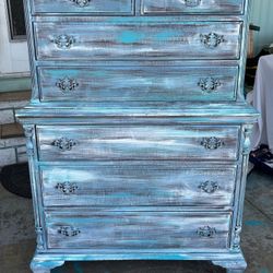 Hand Painted Coastal Vintage Rustic Reclaimed Solid Mahogany Wood 7 Drawer Chest Dresser  All English Dovetail Front and Back Drawers Solid Made in Le