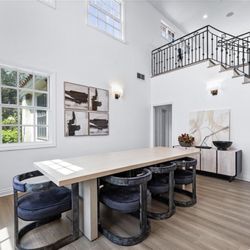 110” Modern Natural Mango Wood Dining Table + 8 Velvet Chairs