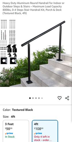 Heavy Duty Aluminum Round Handrail for Indoor or Outdoor Steps & Stairs – Maximum Load Capacity 800lbs, 0-4 Steps Stair Handrail Kit, Porch & Deck (Te