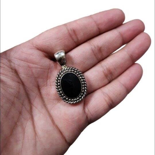 Silver Toned Black Enamel Pendant