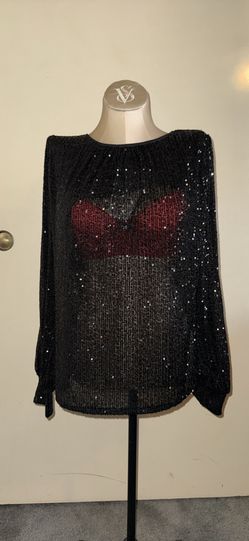 Brand new + tags women’s she + sky sequin black sheer blouse