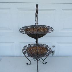 Wrought Iron Wicker Fruit 2-Tier Basket Rack Stand Antique Brass Color
