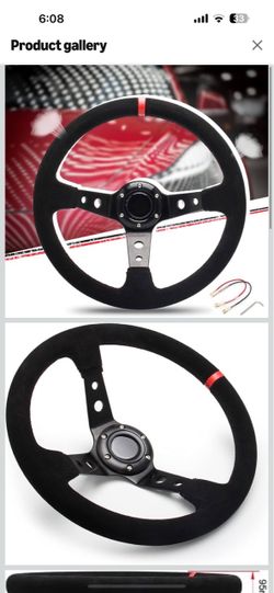 14" 350mm Deep Steering Wheel,Dish 6 Bolt with for Sport Racing Steering Suede Wheel Suede Horn Button US Included, Cable, Wrench? Napped Leather Red