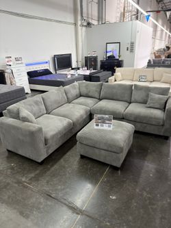Brand New Grey Corduroy Sectional Sofa Couch With Ottoman
