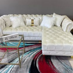 Yaz Cream Sectional Velvet , couch sofa 🛋 with gold legs and pillows / ivory sectional 🚚 same day delivery😇✅