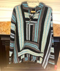 Vintage Earth Ragz Baja Hoodie XL Black Turquoise Woven Drug Rug Pullover