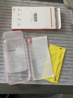 iPhone 14 Case with Glass Screen Protector (6.1 inch, Clear Sparkle and light Pink Edges)