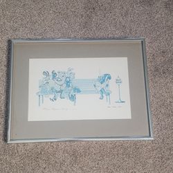 Vintage -  Bus Stop - By Artist Robert Marble - Signed Art Print Framed 16" X 12" Cartoon