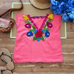 SIZE 6 GIRLS SLEEVELESS DARK CORAL MEXICAN EMBROIDERED MULTICOLOR FLORAL COTTON TUNIC