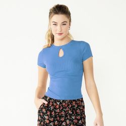 SO Juniors S Short Sleeve Cutout Tee Shirt Blue Peri Anemone Stretch