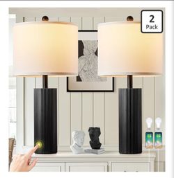 Black Lamps Set of 2, Modern Table Lamps for Living Room with USB C+A Ports, Creative Stripe Touch Lamps for Nightstand, 2 Bulbs Included