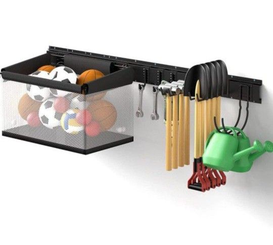 Netwal Tool Storage Rack Wall Mount Ball Storage Basket &6 Pcs hooks
