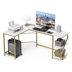 Weehom Reversible l Shaped Computer Desk with Storage Home Gaming Office Writing Workstation Corner Table for Small Space Marble and Gold