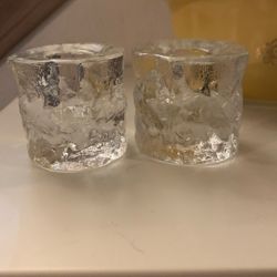 Vintage Bark/Ice Heavy Glass Tapered Candle Sticks Stands Holders 2" MCM