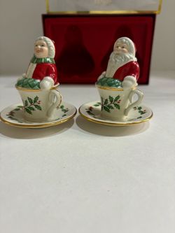 Lenox Holiday Santa & Mrs Claus Teacup Salt & Pepper Shakers Boxed Set