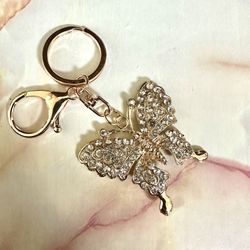 Gold Tone Rhinestone Butterfly Hang Tag/keychain