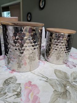 Uncommon James Set Of 2 Silvertone Hammered Canisters