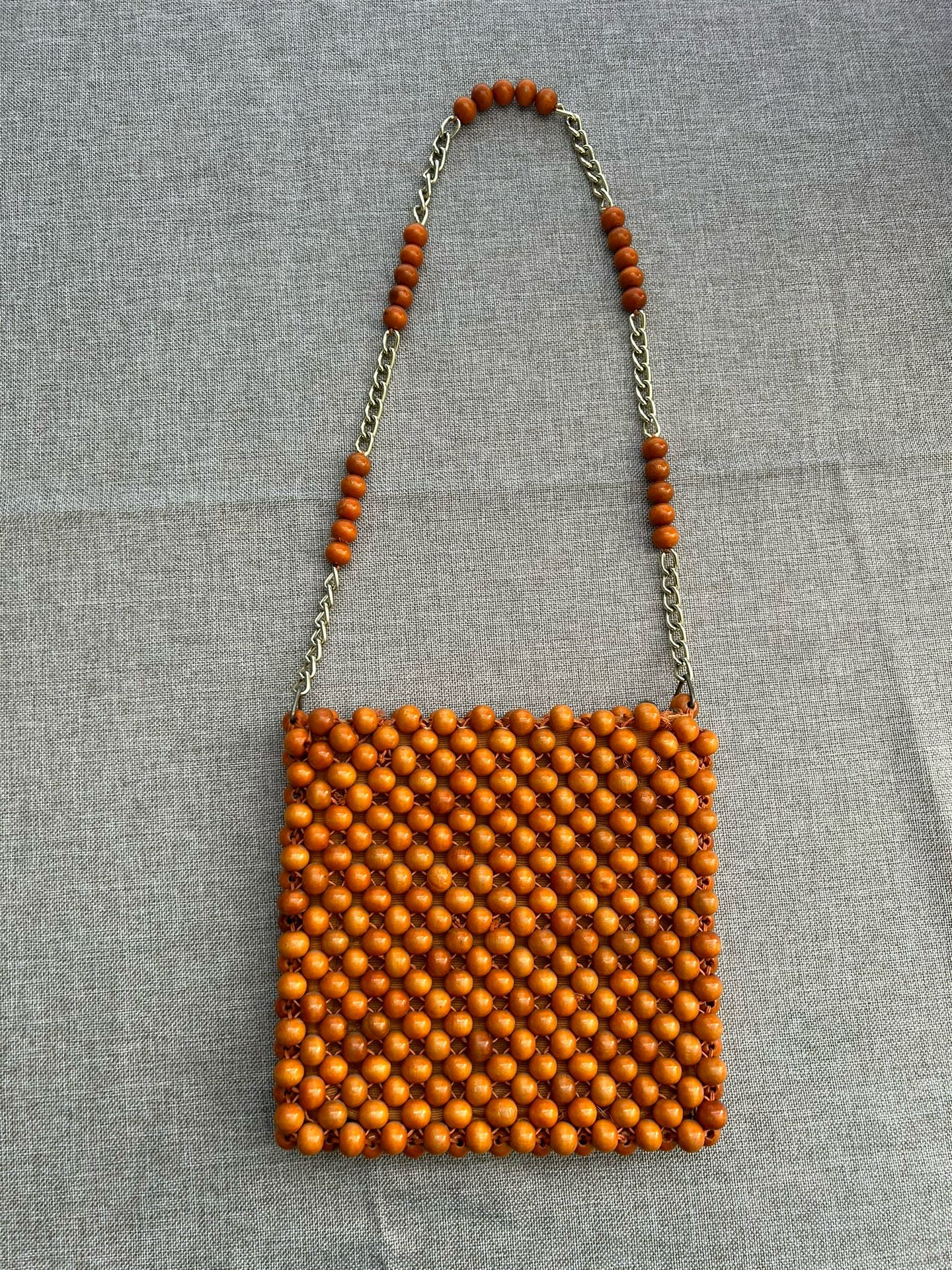 Vintage Beaded Shoulder Purse. Boho 1960’s Unique Orange Wooden Beads