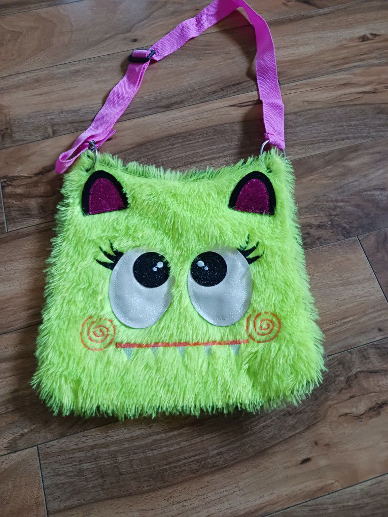 Kids Messenger Bag Fuzzy Neon Green Monster