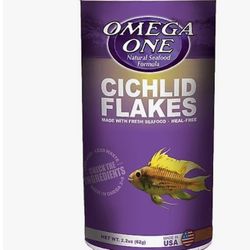 Omega One Cichlid Fish Flakes Natural Seafood Formula 2.2oz.