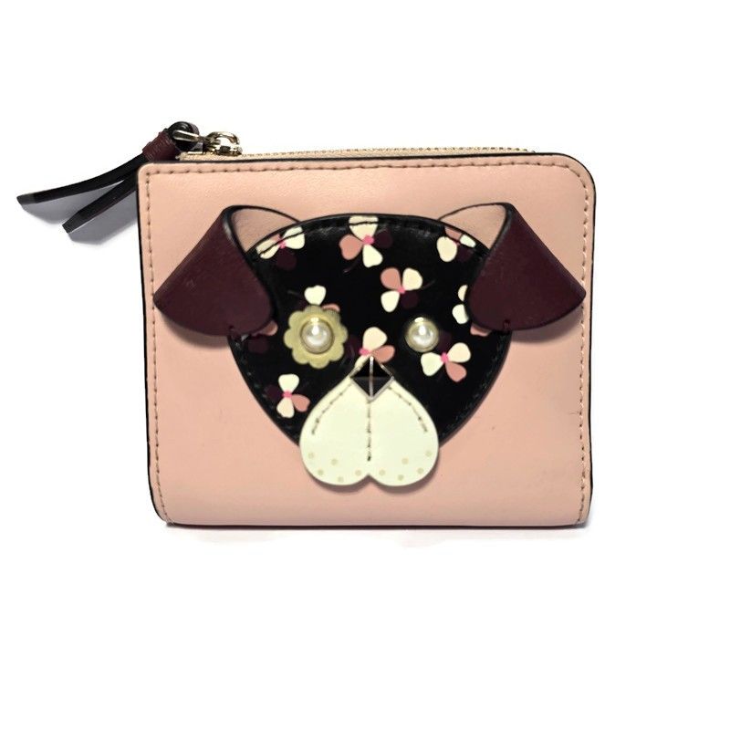 Kate Spade New York Pink Leather Wallet Cherrywood L-Zip Floral Pup Bi-fold