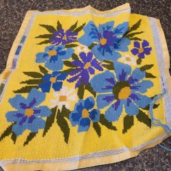 Needlepoint blue flowers on yellow background approx 12x13" unframed