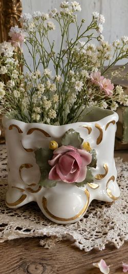 Dresden Rose Porcelain Mini Vase Trinket Box 252 (1) two available Shabbychic Boho Grannycore