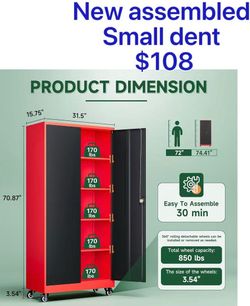 😀 Metal Garage Storage Cabinets with Lock Door and Adjustable Shelves, Steel Tool Cabinets for Home,Office,Warehouse Organisieren, Black Red, 74.41" 