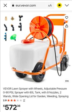 VEVOR Lawn Sprayer with Wheels, Adjustable Pressure 0-90 PSI, Sprayer with 60L Tank, with 8 Nozzles, 2 Wands, Wide Opening Lid for Garden, Weeding, Sp