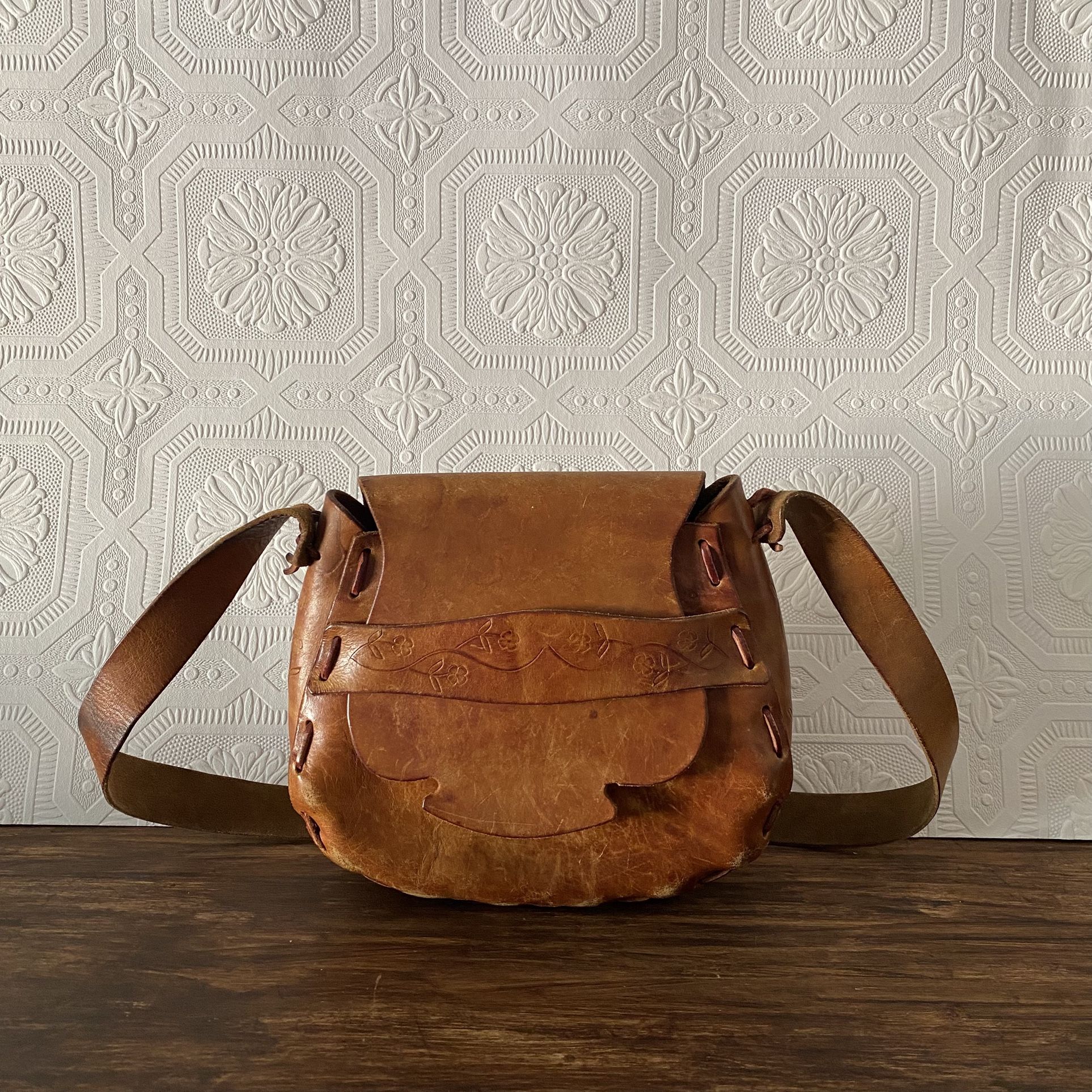 Vintage brown leather hand tooled structured shoulder bag
