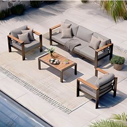 Aluminum Outdoor Patio Furniture Set with Coffee Table, 4 Piece Patio Conversation Sets with Washable Thick Cushions, Outdoor Sectional Furniture Set 
