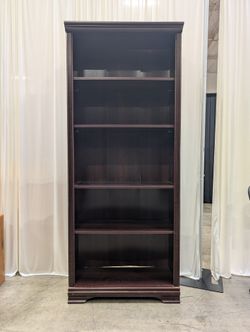 Dark Wood Five-Shelf Bookcase with Crown Molding