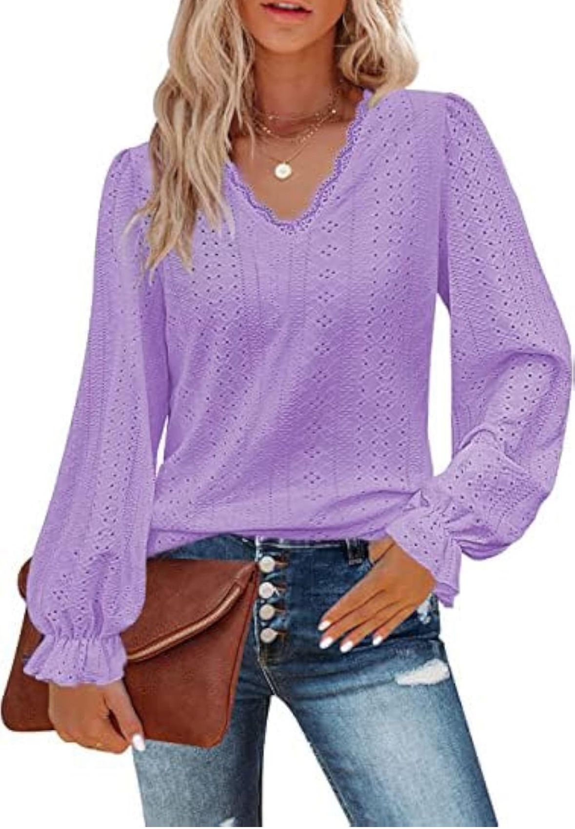 Women Long Sleeve Blouse V Neck Eyelet Tops Loose Casual Dressy Shirts Tunic Top