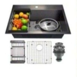 AKDY Matte Black Stainless Steel 25 in. x 22 in. Single Bowl Drop-In Kitchen Sink with Accessories