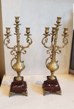 Pair of Antique Brass Candelabras Marble Base