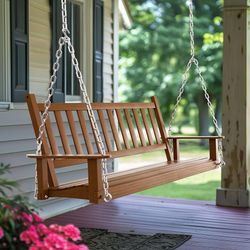 Porch Swing Outdoor, Wooden Patio Swing with Armrests, Adjustable Chains, Heavy Duty 793 Lbs, 5ft Bench Swing for Yard Garden, Brown