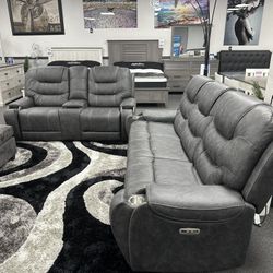 2PC Gray Sofa & Loveseat 4x Power Recliners